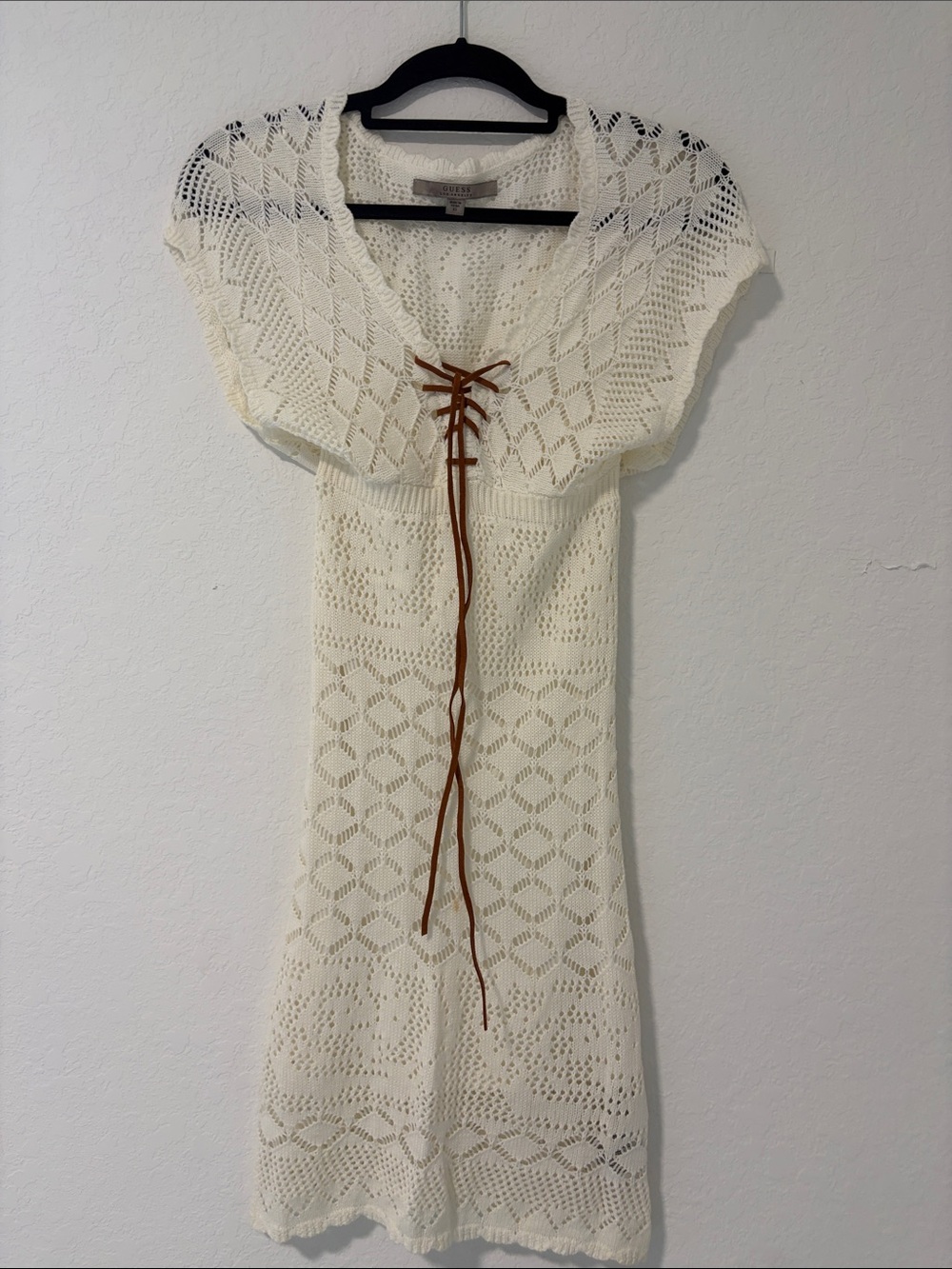 Guess Ivory Crochet Midi Dress with Brown Tie